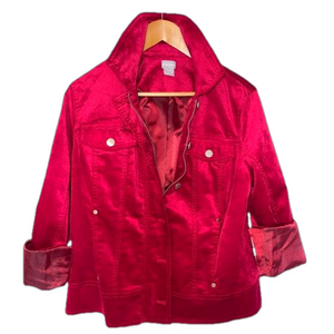 Red Crushed Velvet Work Week Jacket, zipper & button close, design lining, Large